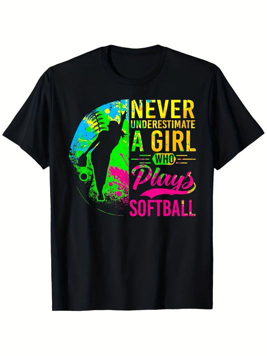 Softball Never Underestimate A Girl Who Plays Softball TShirt Birthday Gifts Father's Day Gifts Mother's Day Gifts Same Style for Men And Unisex 2026 Summer ShortSleeved Printed TShirt Retro Casual Short-sleeved T-shirt with a Round Neck and Printed