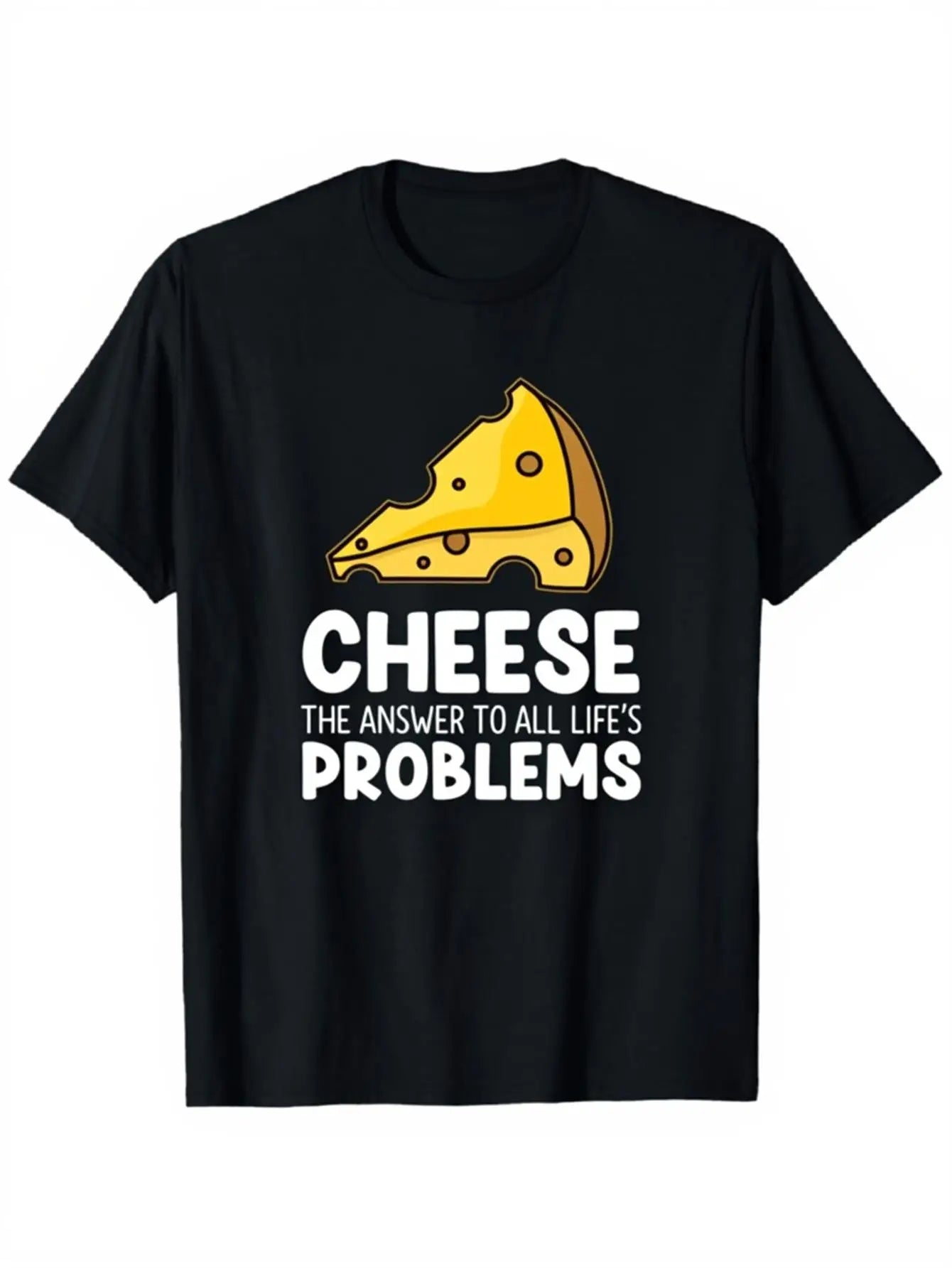 Funny Men's Black Graphic T-Shirt Cheese Slice Cartoon the Answer to All Life's Problems Bold Letter Print 100% Cotton Heavyweight Short Sleeve Casual Streetwear Tee