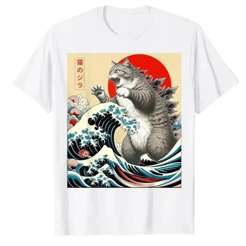 2025 Japanese Art Catzilla Cat Funny Cat Gifts For Women T-Shirt Unisex Cotton T Shirt O-neck Tops Tees Fashion Fitness T Shirt