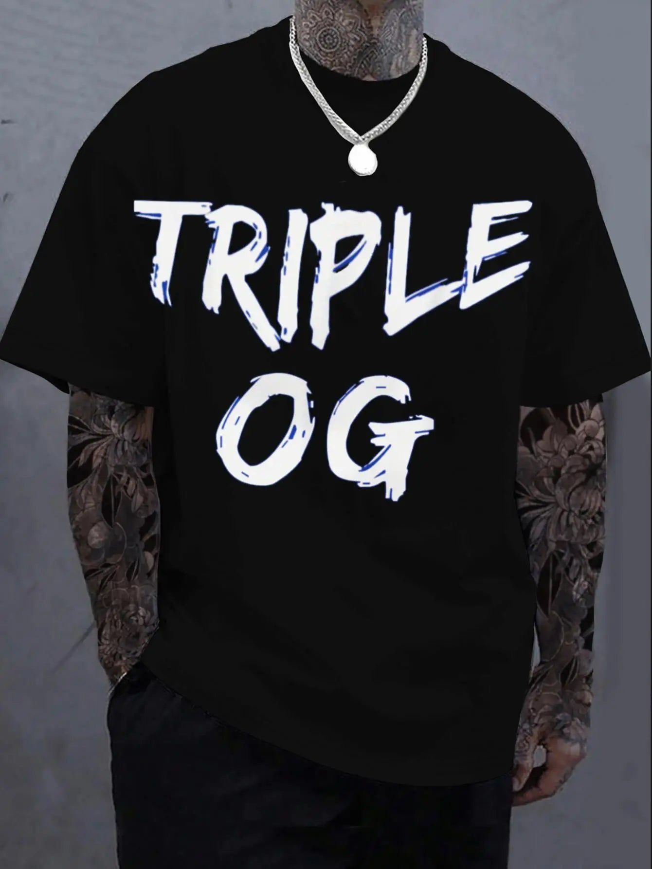 Streetwear Men's Black Graphic T-Shirt Triple Og Bold Letter Slogan Distressed Brush Typography Statement Print 100% Cotton Heavyweight Short Sleeve Casual Streetwear Tee
