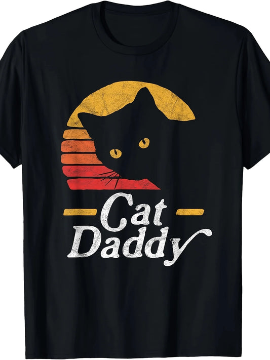 Vintage Men's Black Graphic T-Shirt Cat Daddy Black Cat Yellow Eyes Retro Sunset Distressed Letter Print 100% Cotton Heavyweight Short Sleeve Casual Streetwear Tee