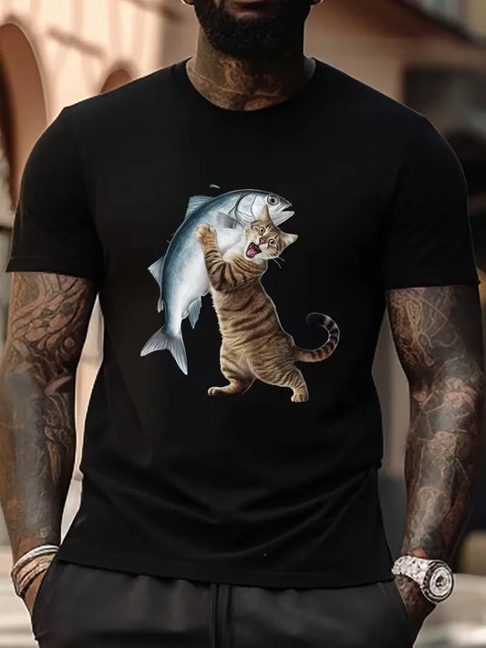 Big & Tall Men's Summer T-Shirt - Casual Crew Neck with Unique Tabby Cat & Fish Graphic, Breathable Machine Washable, PLUS SIZE