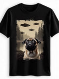 Funny Men's Black Graphic T-Shirt Pug Dog Forest Lake Flying Ufo Alien Spaceship Vintage Illustration Print 100% Cotton Heavyweight Short Sleeve Casual Streetwear Tee