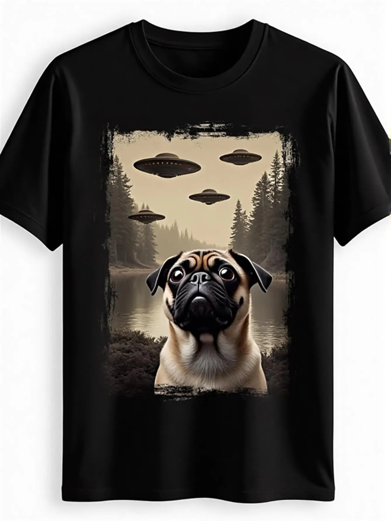 Funny Men's Black Graphic T-Shirt Pug Dog Forest Lake Flying Ufo Alien Spaceship Vintage Illustration Print 100% Cotton Heavyweight Short Sleeve Casual Streetwear Tee