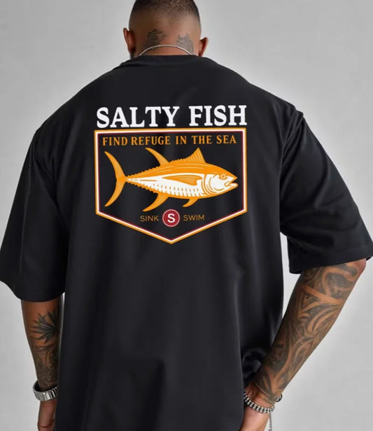 SALTY FISH Short-sleeved T-shirt American Fashion Large Size Bottoming Shirt Extra Round Neck Casual Versatile Top PLUS SIZE