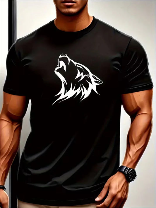 Elastic Breathable Fabric Men's Black Wolf Head Pattern T-Shirt, Round Neck Short Sleeve Casual Sports Shirt with White Wolf