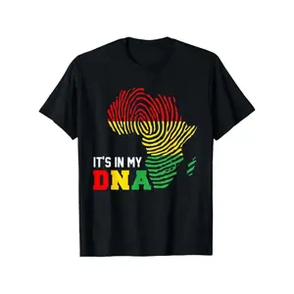 Unisex Crew Neck Short-Sleeve Cotton Casual T-Shirt - Digital Print Pan-African DNA Fingerprint & Vibrant Africa Map, Smooth Light Breathable Comfort Fit, All Seasons Sports Top, Local Warehouse Delivery, Discount Available