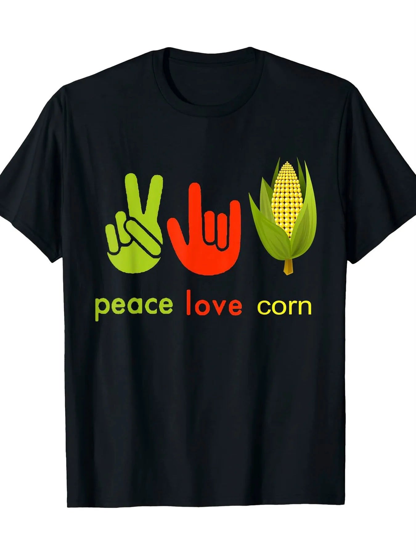 Funny Men's Black Graphic T-Shirt Peace Love Corn Hand Sign Yellow Corn Cob Colorful Letter Print 100% Cotton Heavyweight Short Sleeve Casual Streetwear Tee
