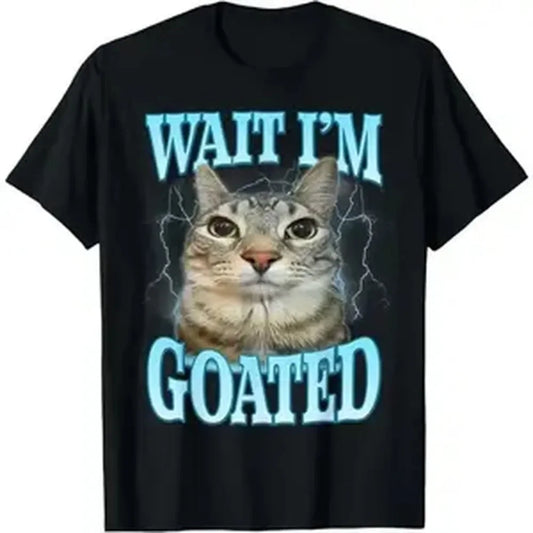 Funny Cat Meme T-Shirt - 'Wait I'm Goated' Silly Saying Graphic Tee - Cotton Crewneck Short Sleeve