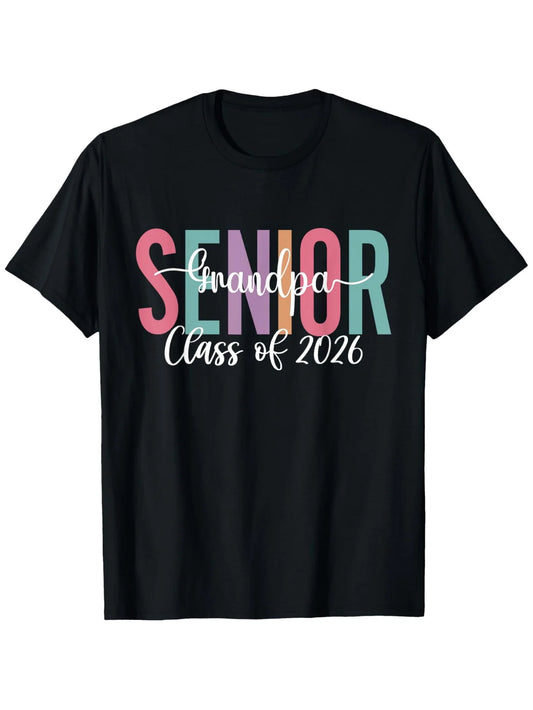 Trendy Men's Black Graphic T-Shirt Colorful Senior Grandpa Class of 2026 Bold Letter Print 100% Cotton Heavyweight Short Sleeve Casual Streetwear Tee