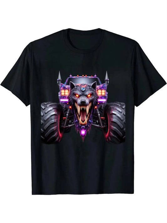 Rebel Men's Black Graphic T-Shirt Wolf Head Monster Truck Giant Tire Neon Purple Flame 100% Cotton Heavyweight Short Sleeve Casual Streetwear Tee