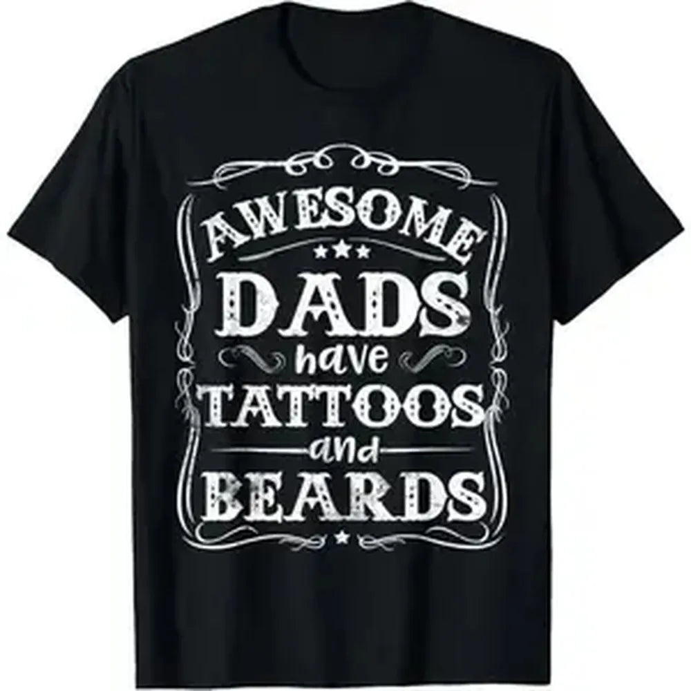 Men's Funny Graphic T-Shirt for Dads, 'Tattoos & Beards' Print, Soft 100% Cotton Casual Round Neck Shortsleeve Top