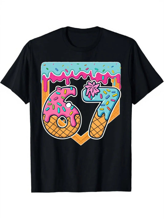 Trendy Men's Black Graphic T-Shirt Ice Cream Drip Sprinkles Waffle Cone Number 67 Retro Dessert Illustration Bold Letter Print 100% Cotton Heavyweight Short Sleeve Casual Streetwear Tee