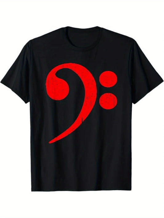 Bass Guitar Clef Graphic T-Shirt - Black Music Tee with Red Note Symbol - Heavyweight Cotton Band Shirt for Bass Players - All-Season Casual Round Neck Top - Ideal Bassist Gift for Men And, Bass Guitar Accessories, Music Fan Clothing, Musical Theme