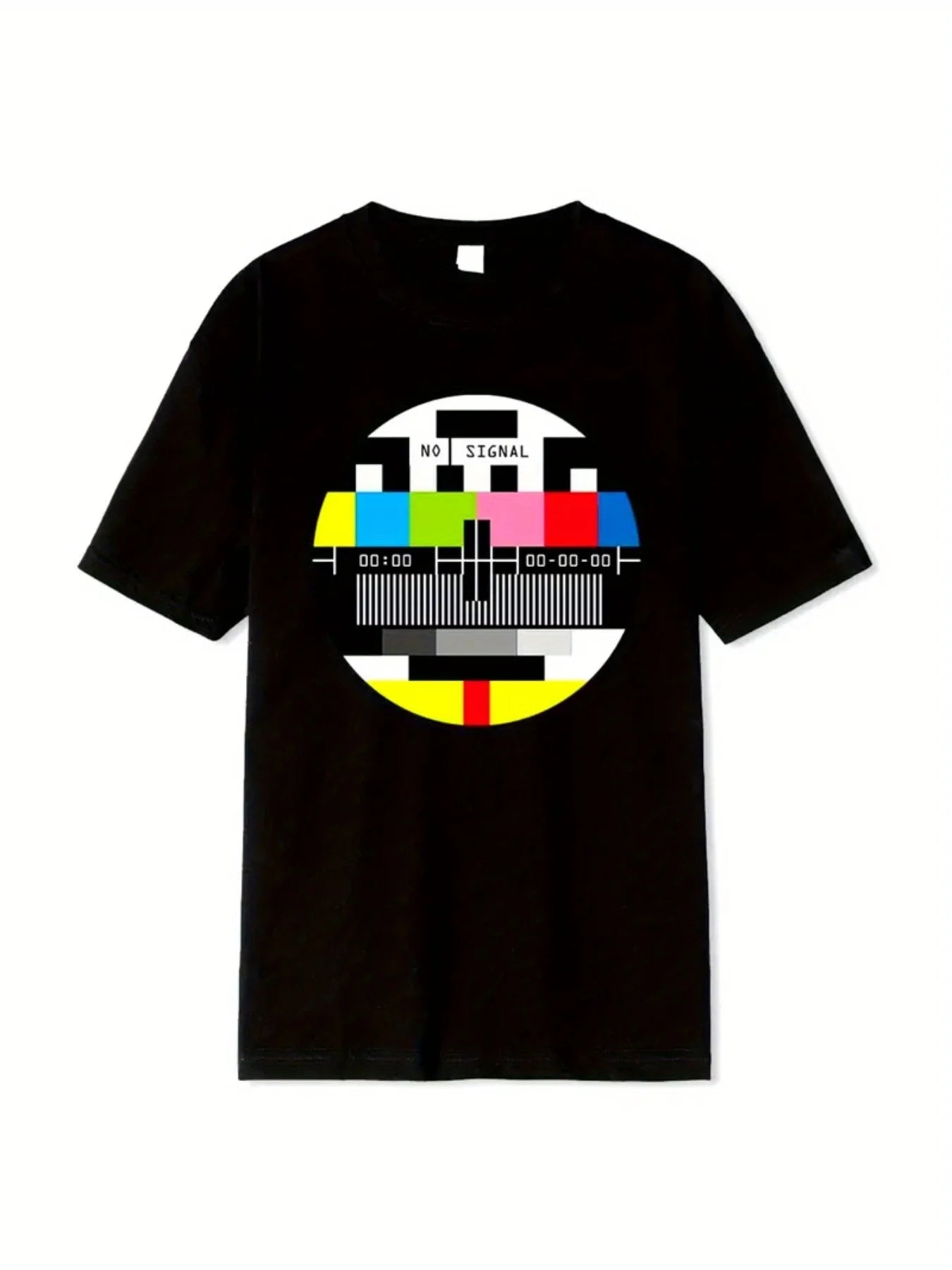 Retro Men's Black Graphic T-Shirt Tv Test Pattern No Signal Color Bars Circle Screen Glitch Retro Graphic 100% Cotton Heavyweight Short Sleeve Casual Streetwear Tee