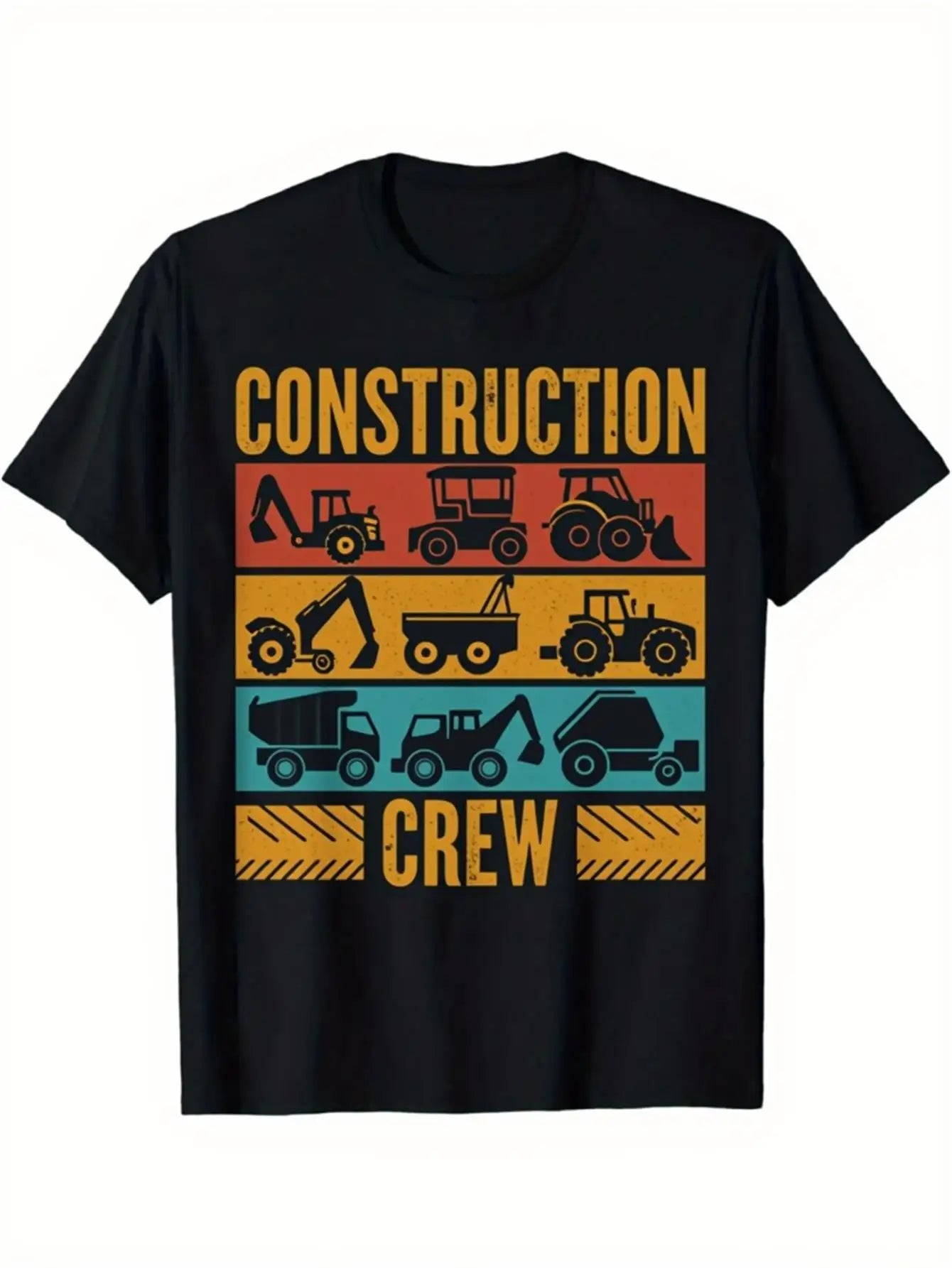 Vintage Men's Black Graphic T-Shirt Construction Crew Excavator Bulldozer Tractor Dump Truck Cement Mixer Retro Work Vehicle Print 100% Cotton Heavyweight Short Sleeve Casual Streetwear Tee
