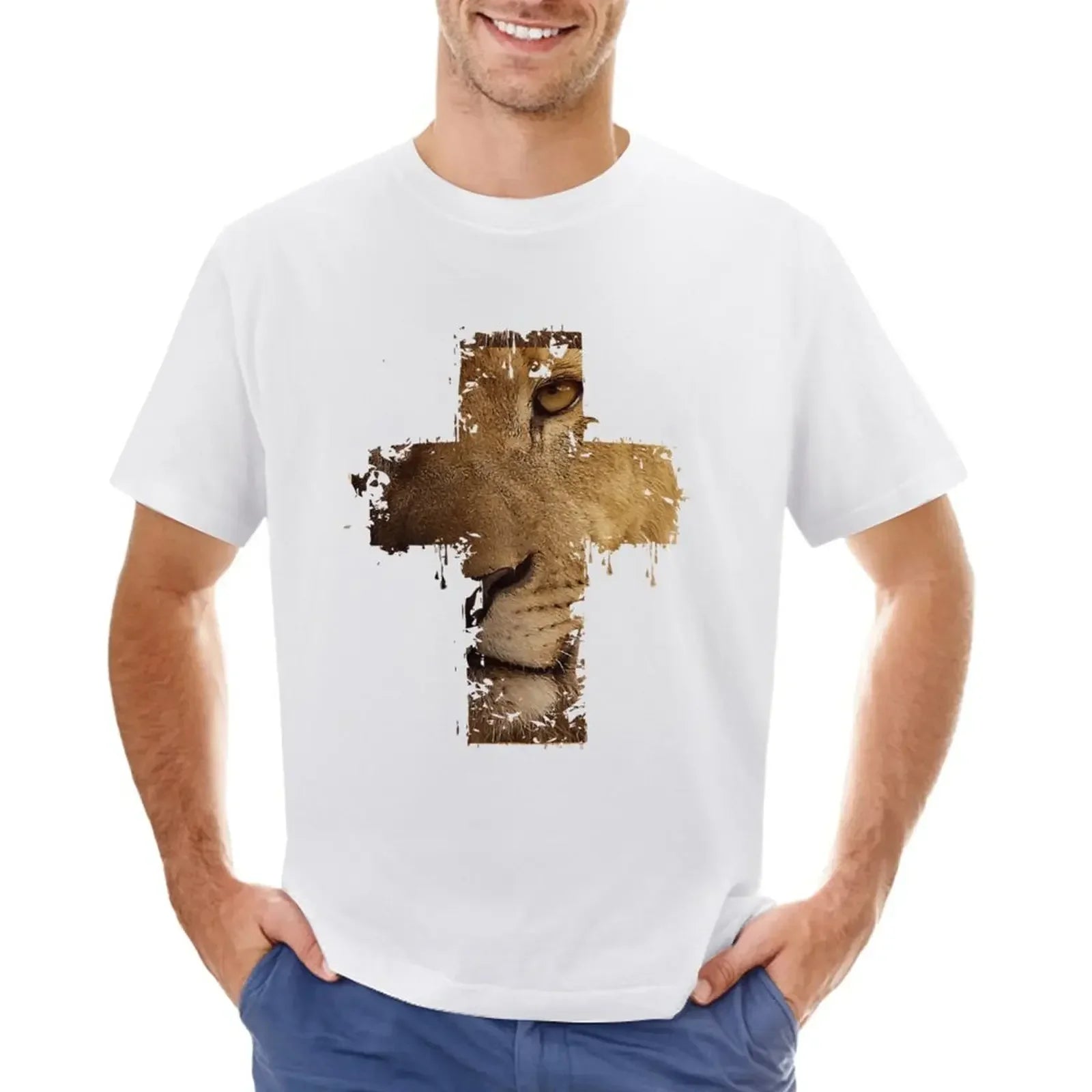 Lion Cross Christian T-Shirt Heavyweights Summer Clothes Blanks Fitted T Shirts for Men Soft and Comfortable Cotton Neutral Tee