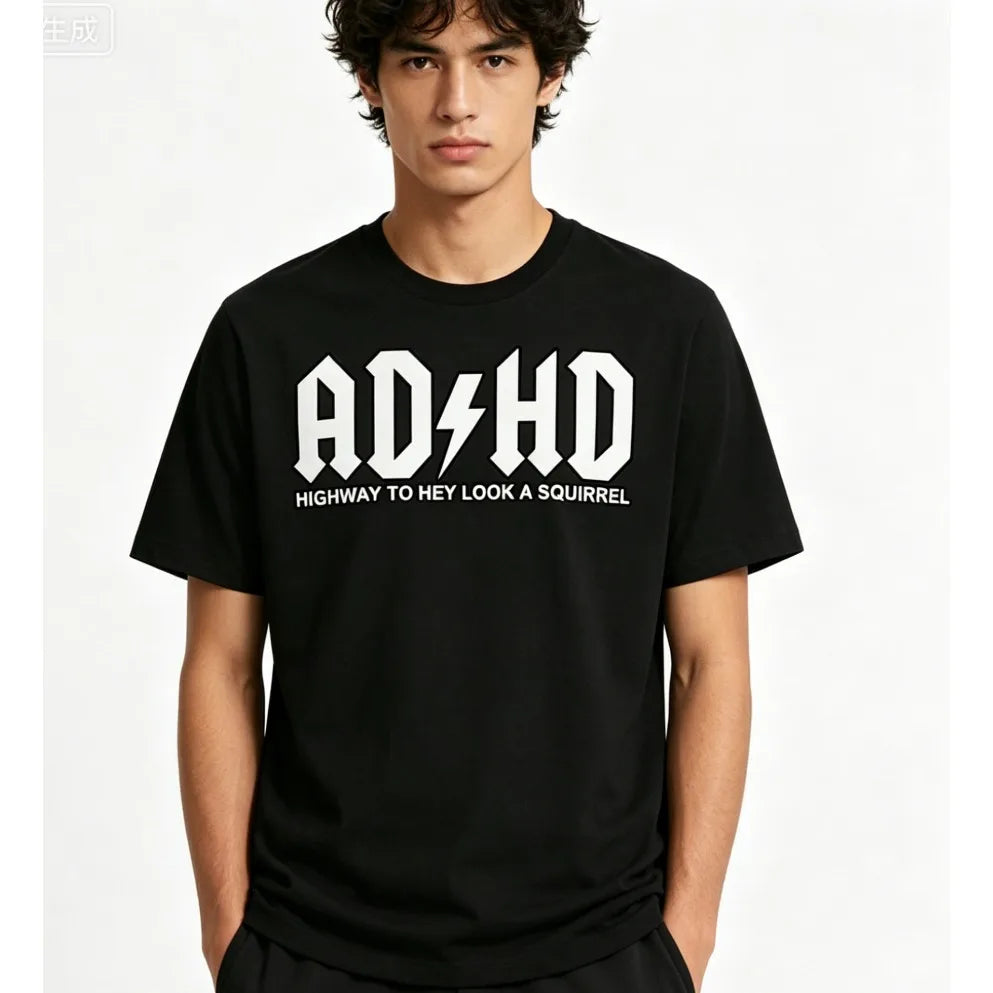 Men's Attention Deficit Hyperactivity Disorder Pattern T-shirt-black Casual Summer Round Neck T-shirt Bold Local Stock T-shirts