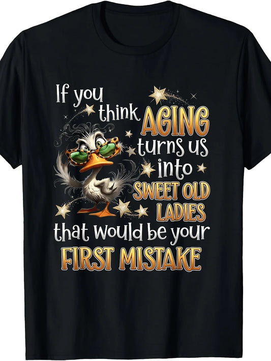 Plus Size, Funny Humor T-Shirt for Seniors- Vintage Style Round Neck Slim-Fit T-Shirt, Printed with a Funny Duck Pattern And The Slogan "Sweet Sister". Machine Washable, Suitable for Parties And Everyday Casual Wear(Printed Design), for Teenager