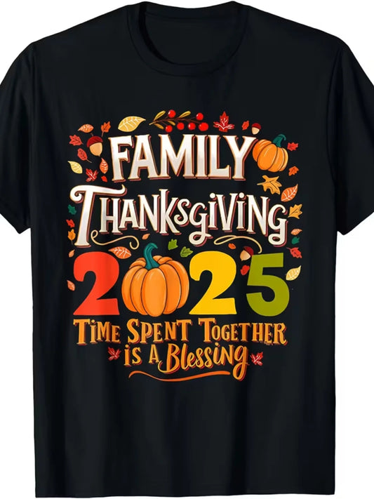 Vintage Men's Black Graphic T-Shirt Family Thanksgiving 2025 Pumpkin Autumn Leaves Together Vintage Letter Print 100% Cotton Heavyweight Short Sleeve Casual Streetwear Tee