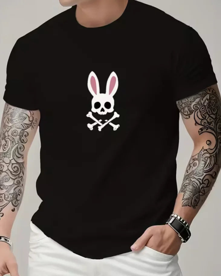 Stylish Black T-Shirt with Short Sleeves Showcasing A Fun Bunny Skull Casual Tee with Detailed Tattoo Art and A Striking T-Shirt