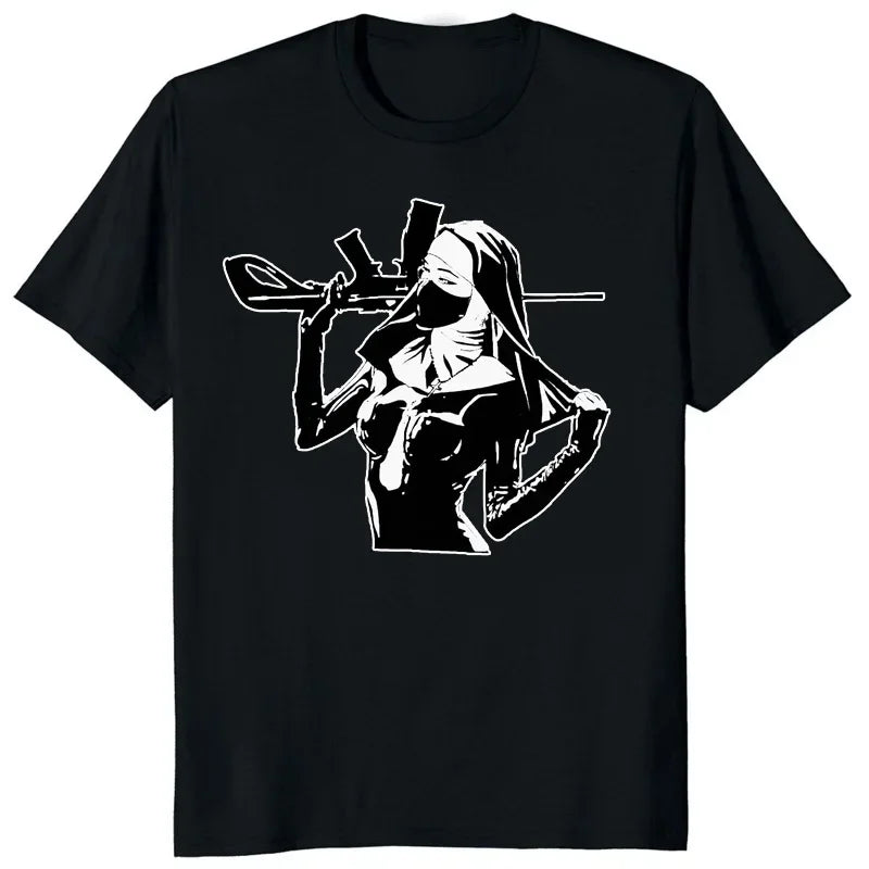 HOT SALE Cartoon Nun No Religion with Brooch Man T Shirt Satan Church Anton Lavie Satan Mystery Goth T Shirt Classic Girl Top