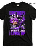 Humorous Birthday Queen Women'S T-Shirt - "I'M Not Aging, I'M Advancing to The Level" Graphic Tee Featuring a Pattern of Purple High Heels And Crowns, Available in Plus Sizes