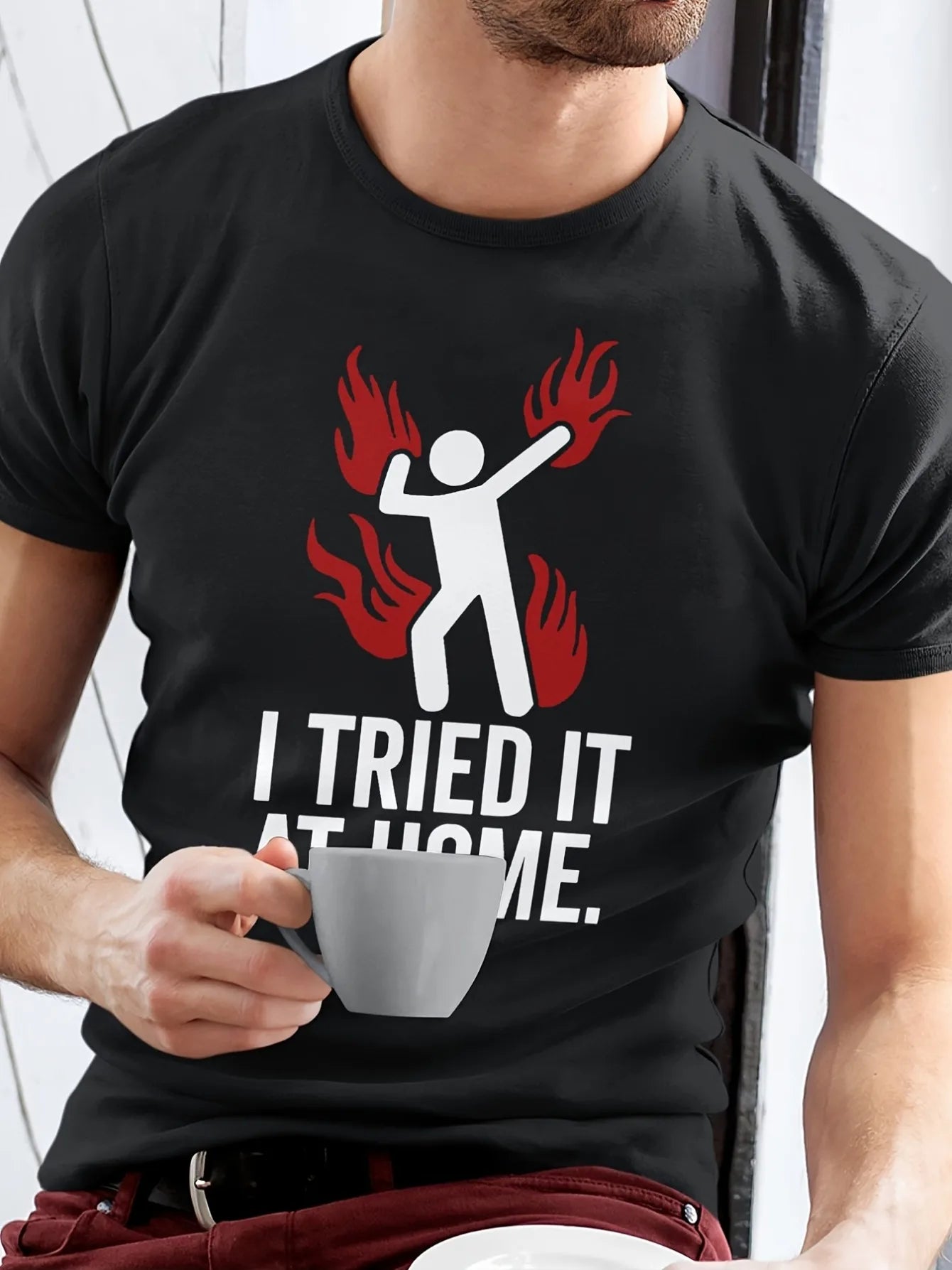 Funny Men's Black Graphic T-Shirt Burning Stick Figure I Tried It at Home Bold Letter Print 100% Cotton Heavyweight Short Sleeve Casual Streetwear Tee