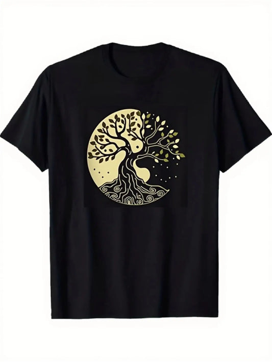 Vintage Men's Black Graphic T-Shirt Tree of Life Moon Roots Branches Circular Nature Symbol Vintage Graphic 100% Cotton Heavyweight Short Sleeve Casual Streetwear Tee