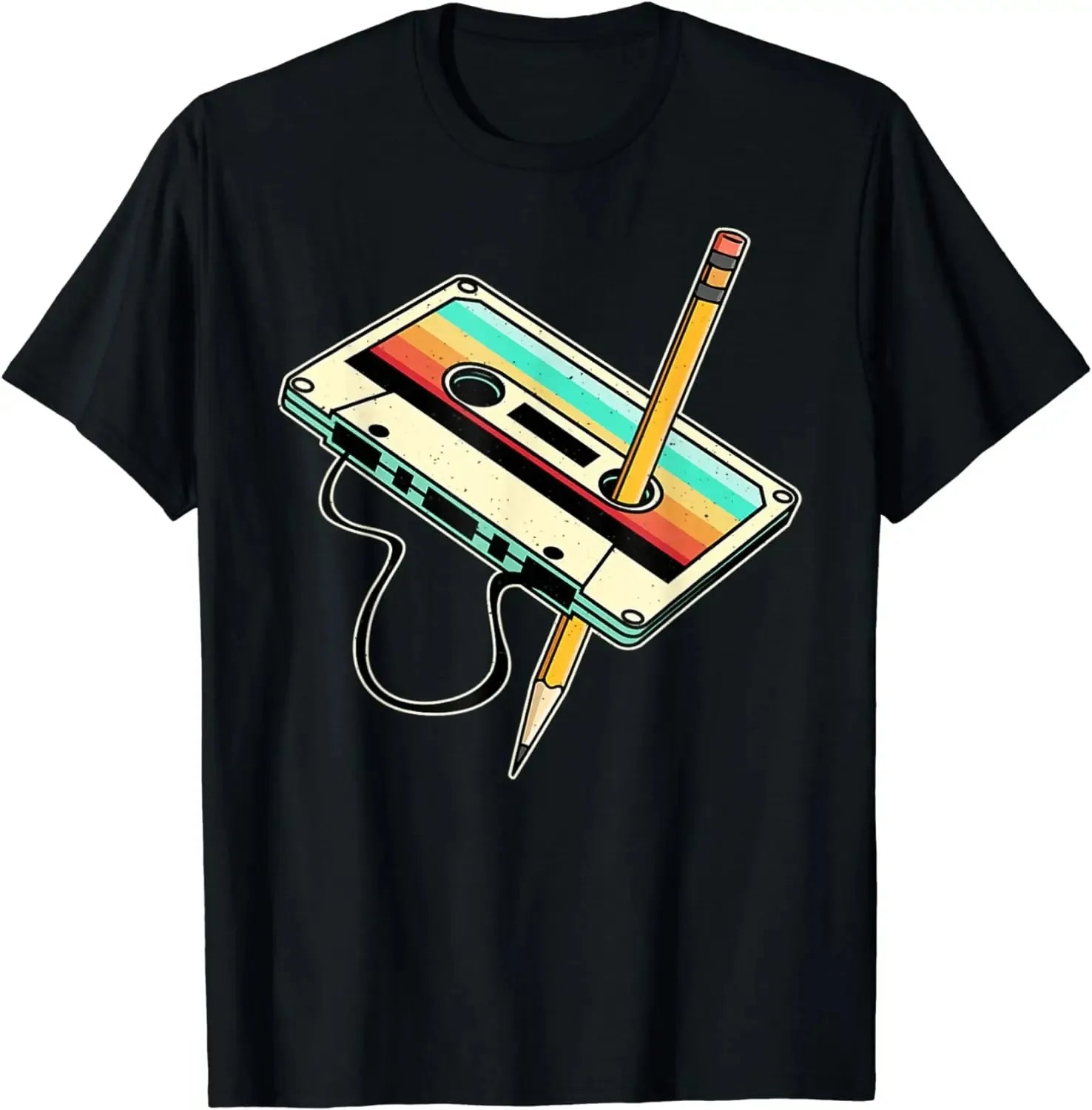 Retro-style 80s Cassette Tape Pencil 1980s Retro Vintage Throwback Music T-Shirt Men Clothing Vintage T Shirt Camisetas C