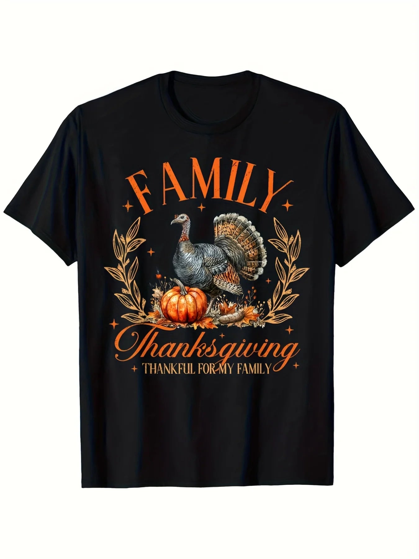 Men's Thanksgiving 2024 Thankful for My Family Group Autumn Turkey T-Shirt - Black with Golden & Orange Design, Casual Crew Neck, Short Sleeve, Medium Stretch, All-Season Comfort, Casual Wear T, Classic  Style, Round Neck Short Sleeves, Machine