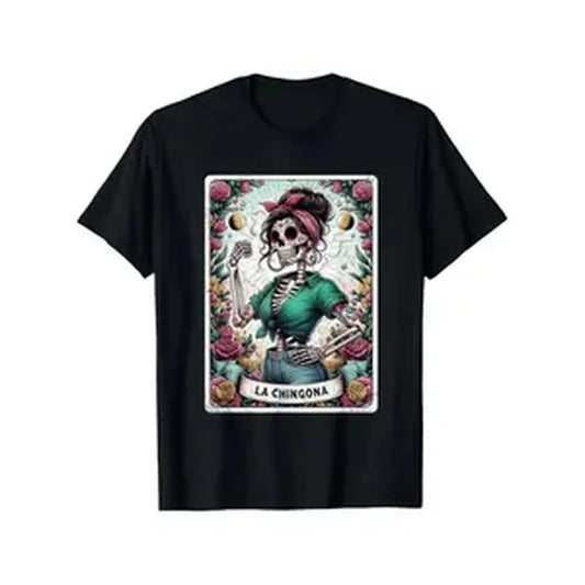 Cotton Golf Gift T-Shirt For Men and Women La Chingona Funny Mexican Skeleton Tarot T-Shirt Men'S Crew Neck Fashionable Comfortable And Versatile, Athletic Style T-shirt