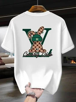 2026 Summer New Pure Cotton T Shirt Men Checkered Rabbit LV Letter Graphic Short Sleeve Top Country Club Print Casual Trendy Versatile Streetwear Tee
