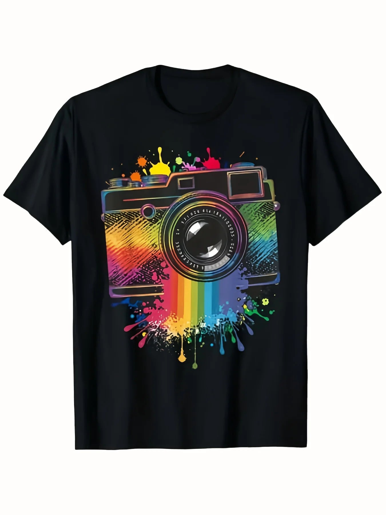 Black Graphic Tee Featuring a Vintage Camera, Suitable for Both Men And Women, Perfect for Summer 2025-2026. Made from 220G Pure with Short Sleeves