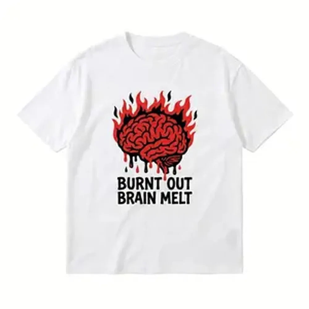 Men's casual printed T-shirt brain melt print with plain decoration, breathable crew neck design, trendy summer street style clothing, machine washable, comfortable and versatile daily fashion top, regular fit, pure cotton
