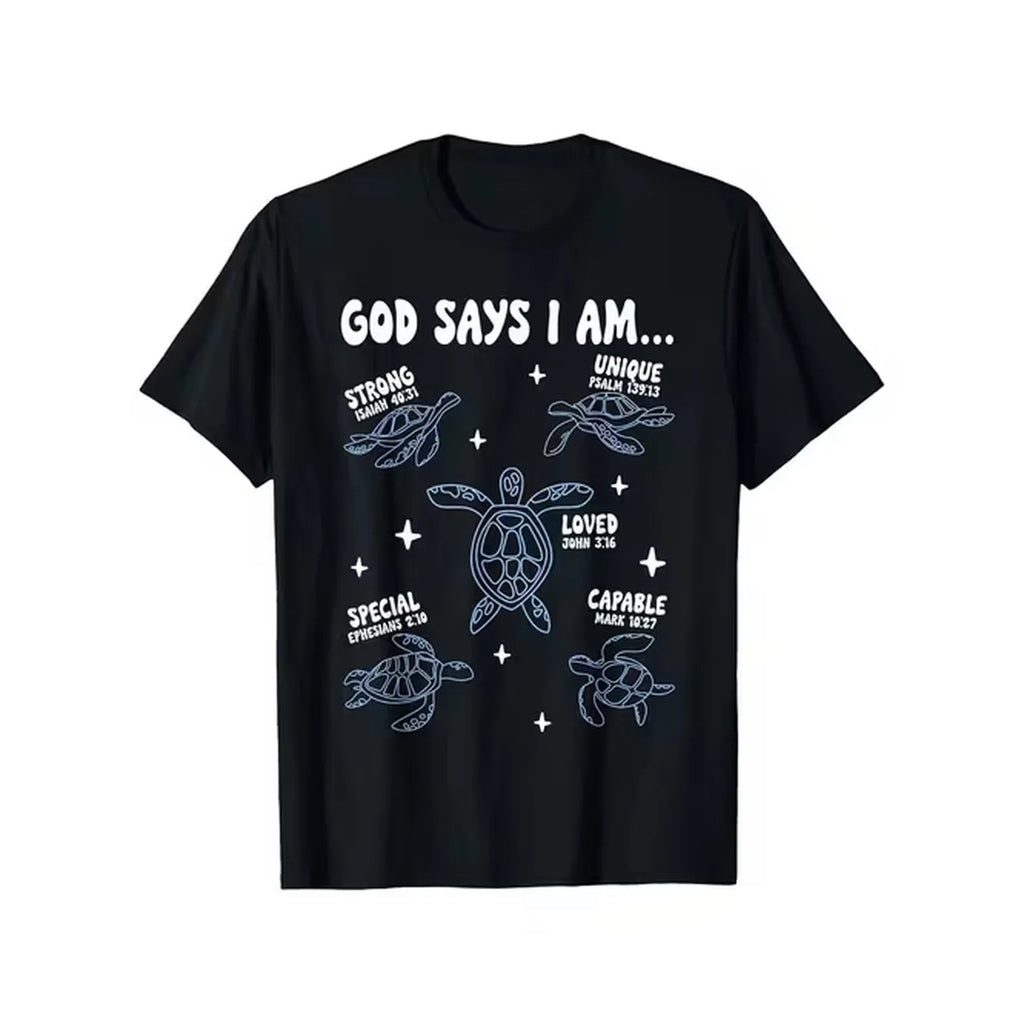 item picture mens womens christian t shirt black with turtle design bible verse soft breathable cotton for church casual spiritual outfits god i am message tee