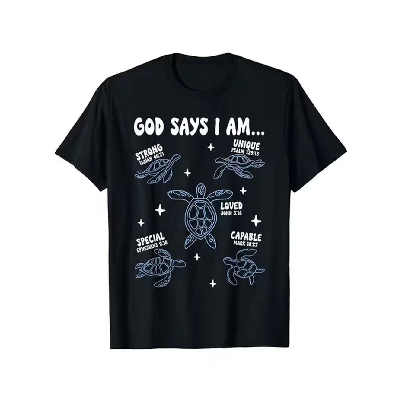 item picture mens womens christian t shirt black with turtle design bible verse soft breathable cotton for church casual spiritual outfits god i am message tee