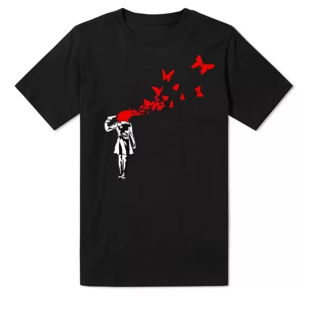 HOT SALE Fashion Banksy Girl Blowing Brains Out Red Butterflies Street Men Women T Shirt Top Cool Casual Pride Tee Streetwear