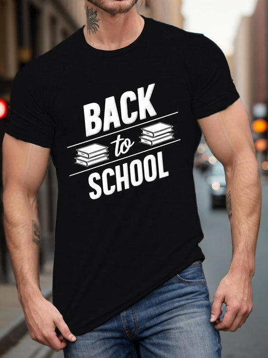 Trendy Men's Black Graphic T-Shirt Back to School Book Stack Bold Typography Student Campus Vintage Print 100% Cotton Heavyweight Short Sleeve Casual Streetwear Tee
