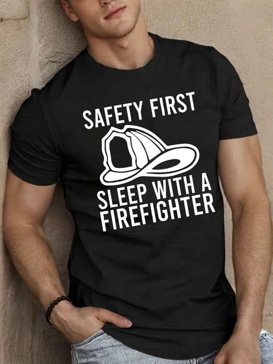 Safety First Crew Neck T-Shirt - Casual Polyester Knit Fabric with Slight Stretch, Geometric Regular Fit for Adults - Summer Top