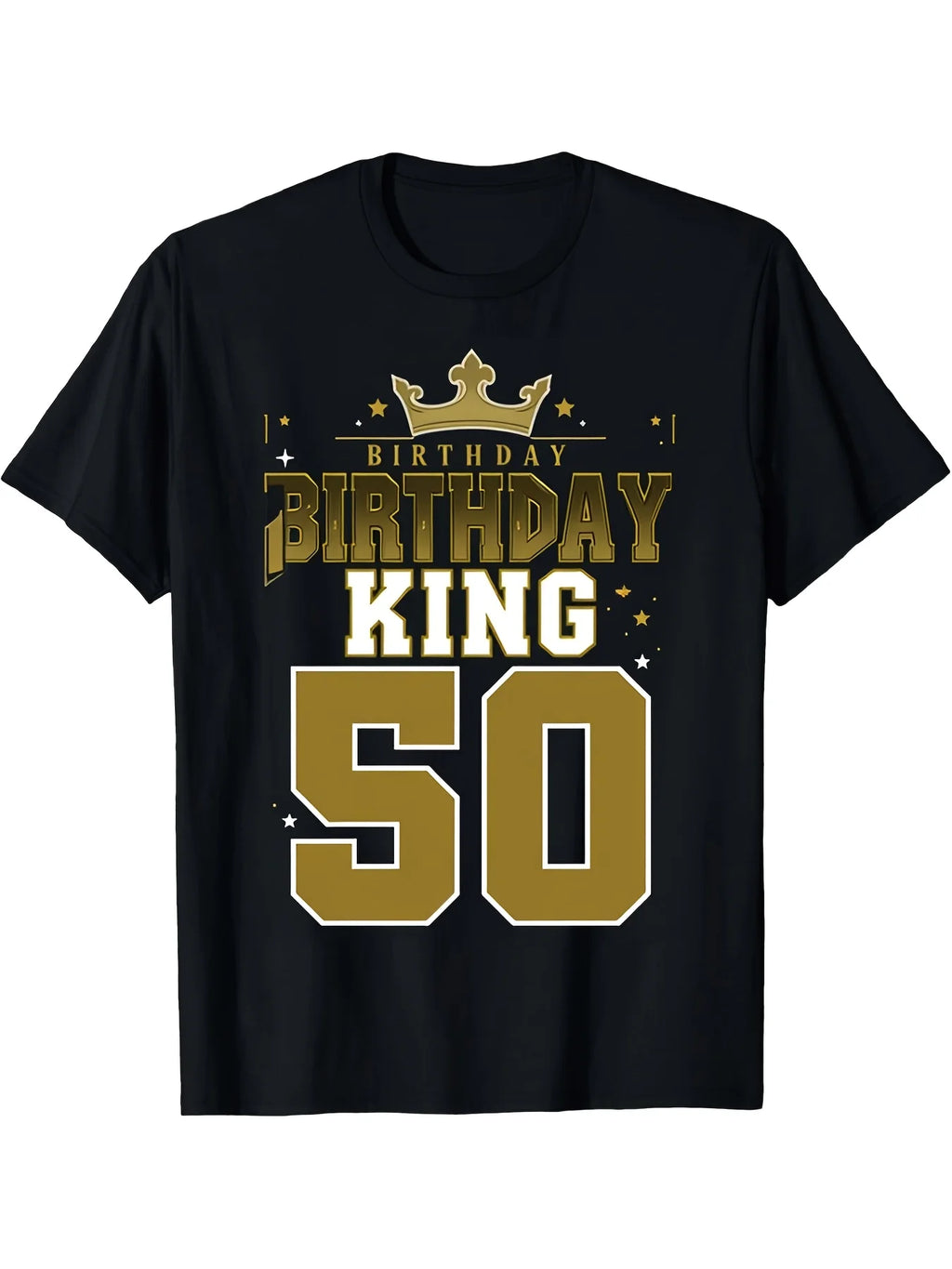 MenS 50th Birthday King T-Shirt Black with GoldenWhite Print Classic Fit Short Sleeve Round Neck Funny 50th Birthday Party Outfit Milestone Celebration Gift CasualFestive Wear Same Style for Men and Women 2025-2026 Summer Short-sleeved Printed T