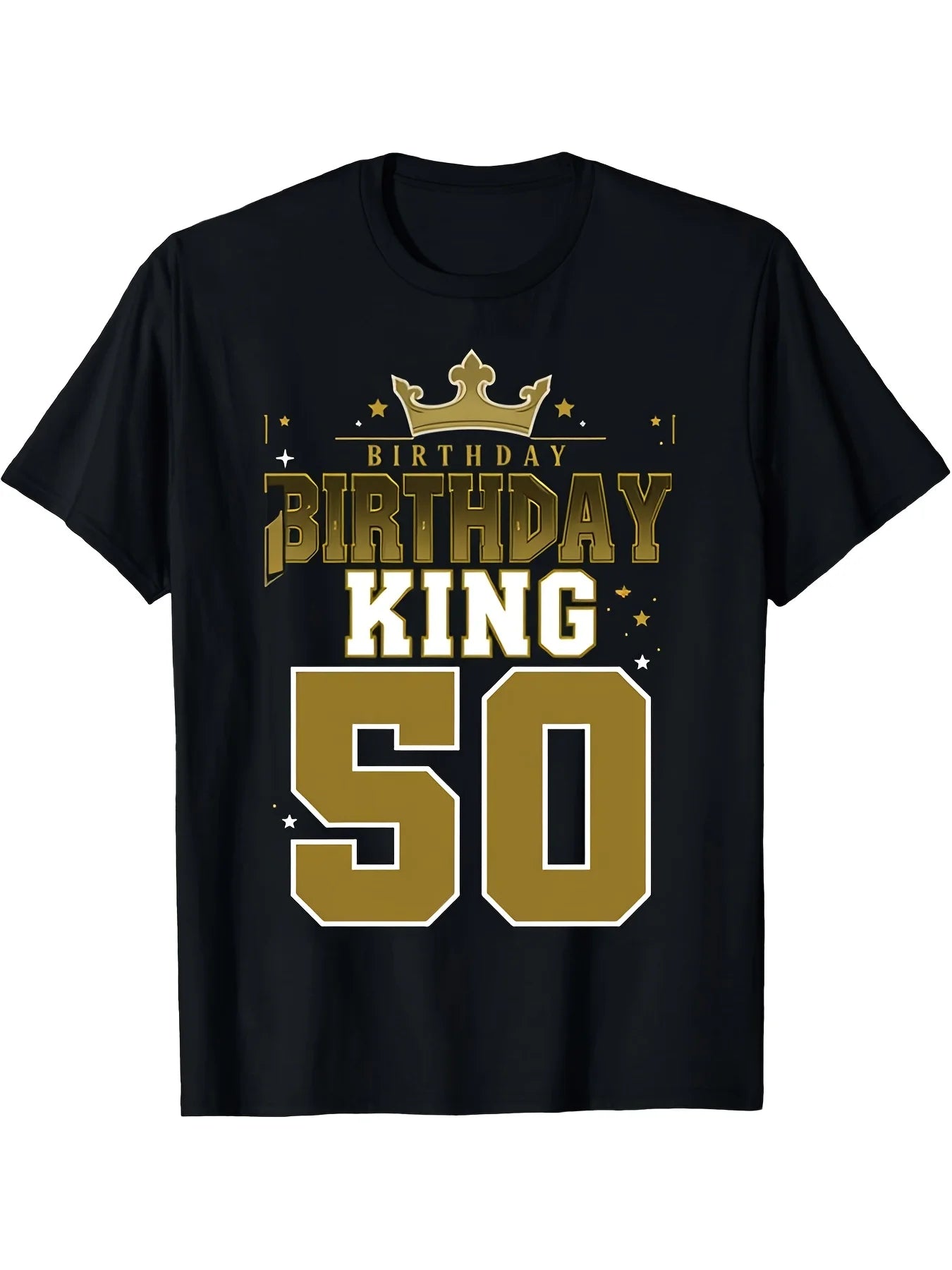 MenS 50th Birthday King T-Shirt Black with GoldenWhite Print Classic Fit Short Sleeve Round Neck Funny 50th Birthday Party Outfit Milestone Celebration Gift CasualFestive Wear Same Style for Men and Women 2025-2026 Summer Short-sleeved Printed T