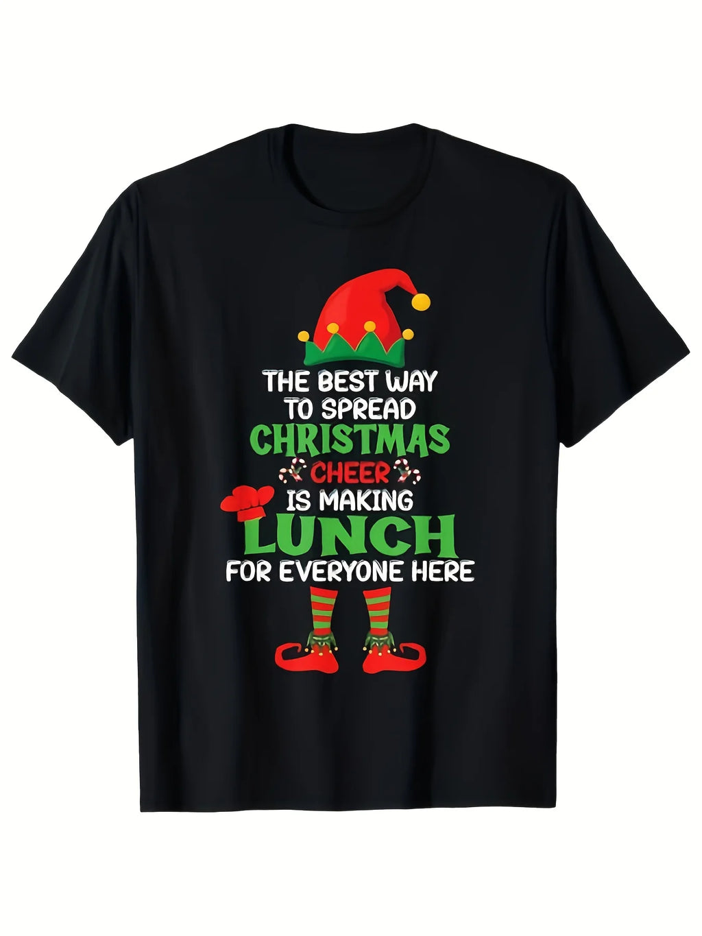 Lunch Lady Christmas Cheer Elf School Cafeteria Worker T-Shirt, 100%, Gift for Men Women Dad Mom Friends, S-XXXL, Black, Classic Retro Style, Round Neck Short Sleeves, Machine Washable, Ideal for Casual SportWear
