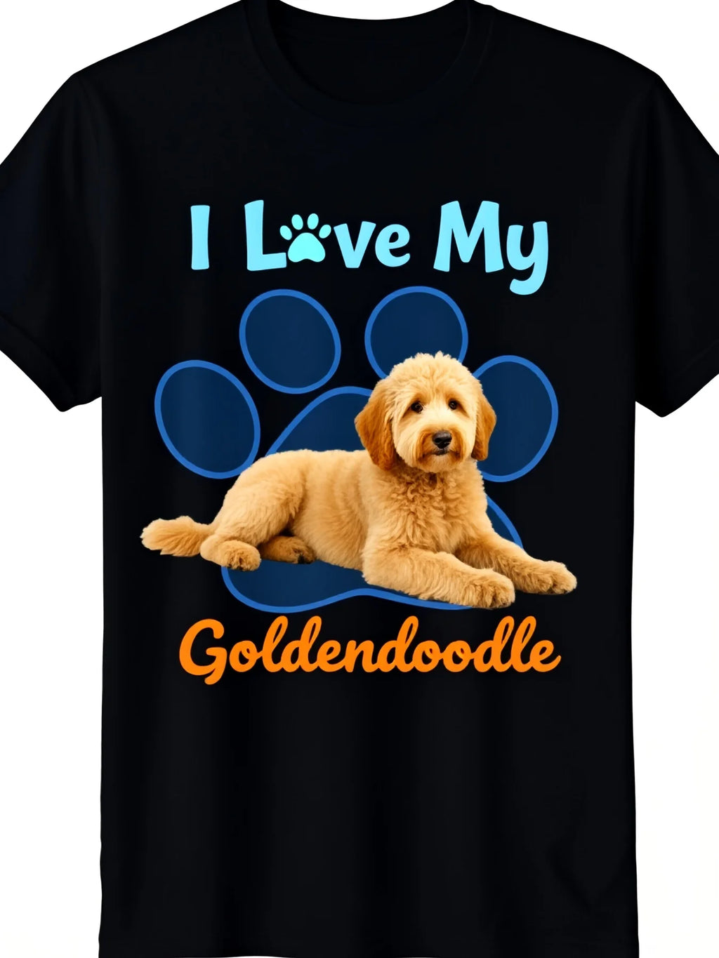 I Love My Goldendoodle Dog Owner Tshirt | Black With Blue And Orange Paw Print, Goldendoodle Puppy Design, Soft Breathable, Retro Casual Short-Sleeved T-Shirt With Crew Neck, Printed Pattern, Suitable For Daily Commuting And Outdoor Activities