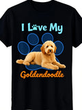 I Love My Goldendoodle Dog Owner Tshirt | Black With Blue And Orange Paw Print, Goldendoodle Puppy Design, Soft Breathable, Retro Casual Short-Sleeved T-Shirt With Crew Neck, Printed Pattern, Suitable For Daily Commuting And Outdoor Activities