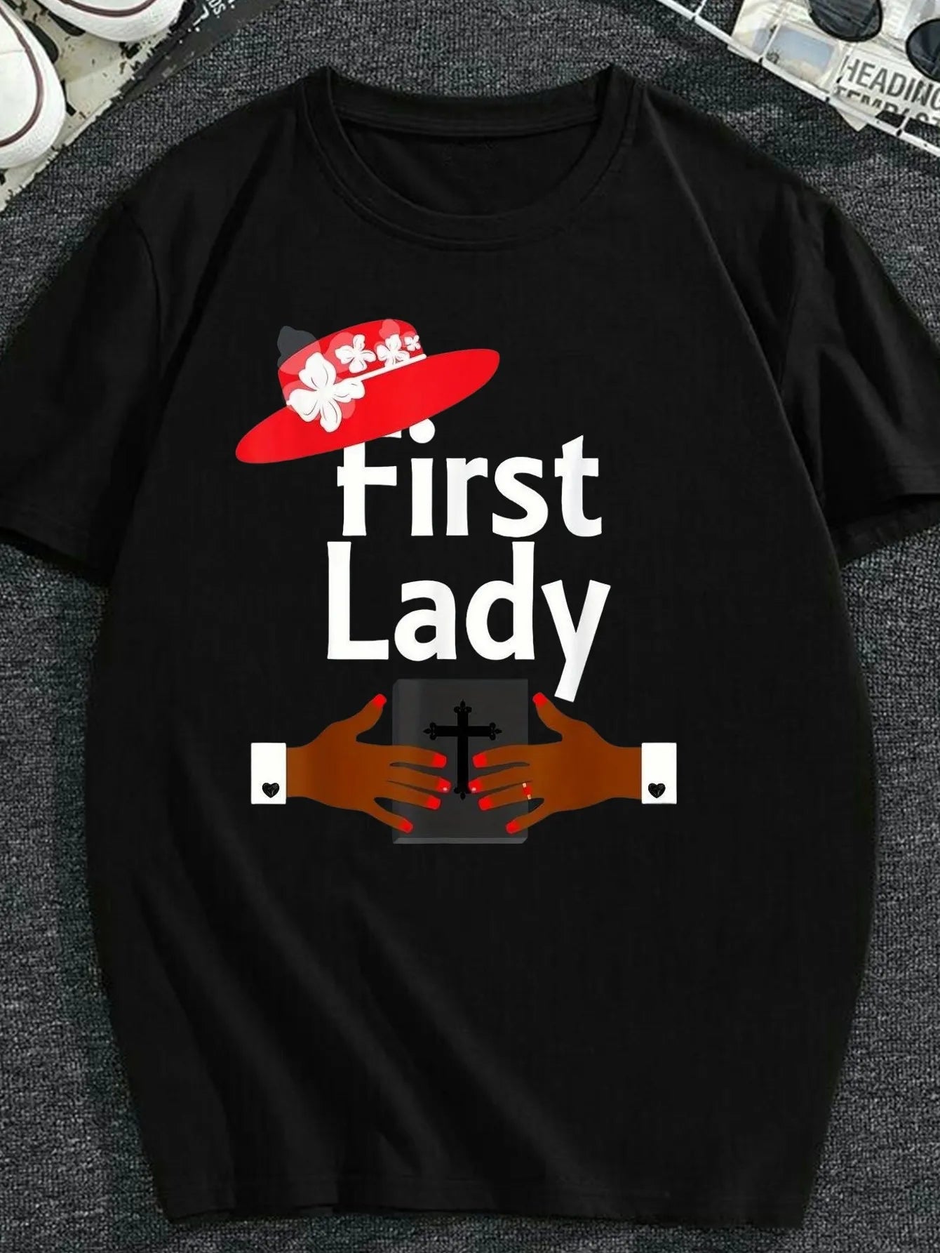 Christian Religious T-Shirt for Men & - First Lady Pastor's Wife Graphic Tee with Red Floral Cross Design, 100% Fit Church Apparel, Unisex Sizing S-XXXL, Casual Wear & Ministerial Attire, PLUS SIZE