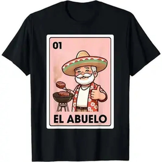 [Cotton] El Abuelo Grilling Grandpa Mexican Bingo Card Unisex T-Shirt Menswear Man Classic Golf Gift T-Shirt For Men And Women