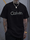 Men's Large Black T-Shirt with Calvin Logo Print-Casual Street Style Suitable for Easter, Halloween, Thanksgiving, Etc.