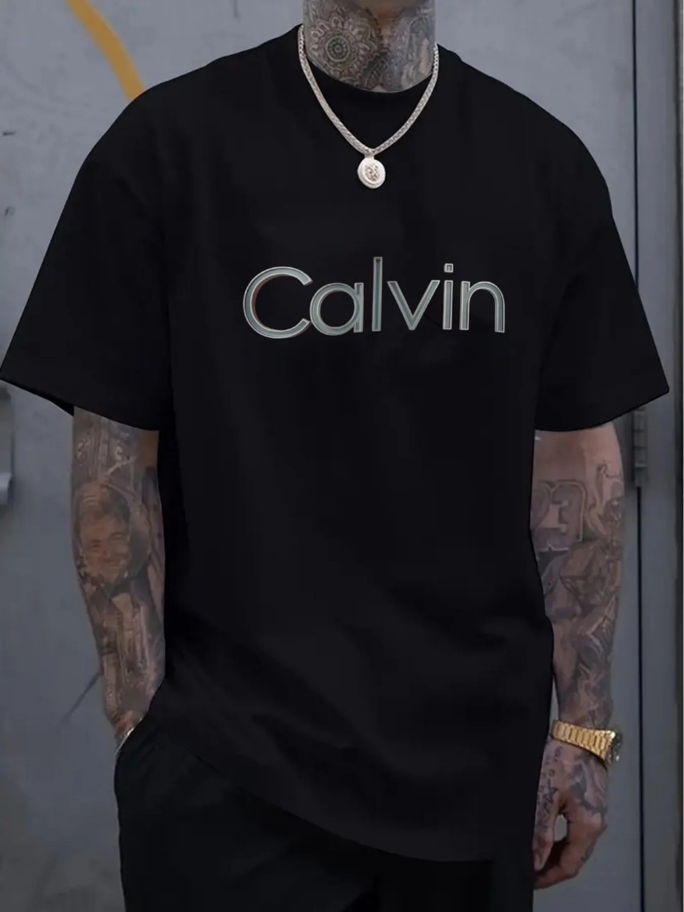Men's Large Black T-Shirt with Calvin Logo Print-Casual Street Style Suitable for Easter, Halloween, Thanksgiving, Etc.
