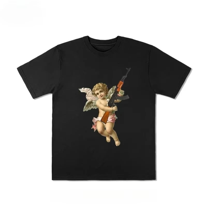 HOT SALE Creative Angel Printed Cotton T-shirt Men and Women with The Same Round Neck Cotton Short-sleeved T-shirt Funny Clothes